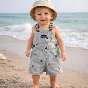 Oshkosh Bgosh Baby Overalls 12M Nautical Anchor Print Gray Cotton Romper